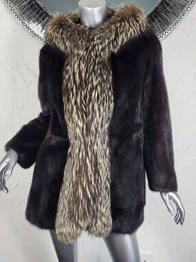MANO SWARTZ~M/L~VINTAGE BROWN GENUINE MINK FUR REAL SILVER FOX FUR TUXEDO COAT